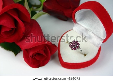 Ruby ring in heart shaped box with red rose buds
