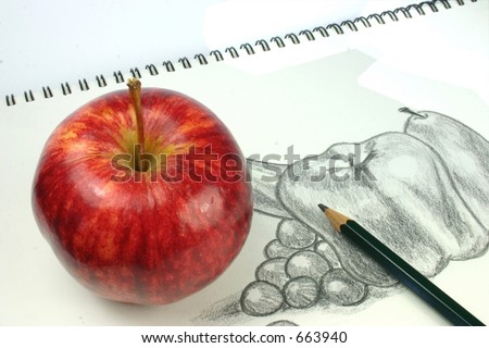 Red apple with still life fruit sketch in background with pencil