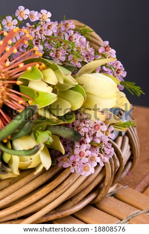 bouquet of australian native flowers in wicker basket