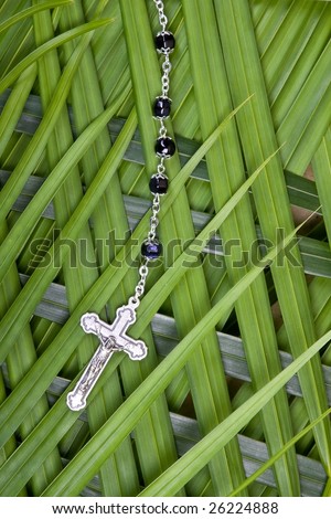 closeup of rosary and crucifix on palm leaves - palm sunday
