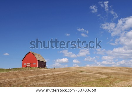 Red Barn in Palouse farmland field with blue sky