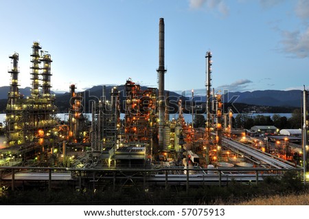 Oil refinery at night, Burnaby, British Columbia, Canada