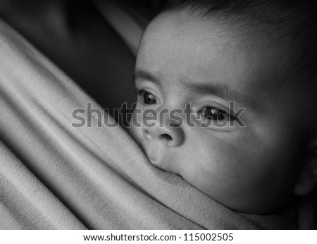 A sharp shot of a 4 month old child in a baby sling carried by her mother Black and white short focus