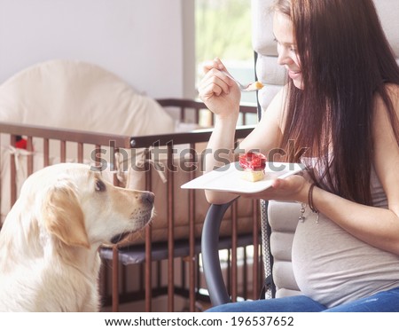 Young pregnant women with a sweet golden retriever is eating a strawberry cake.