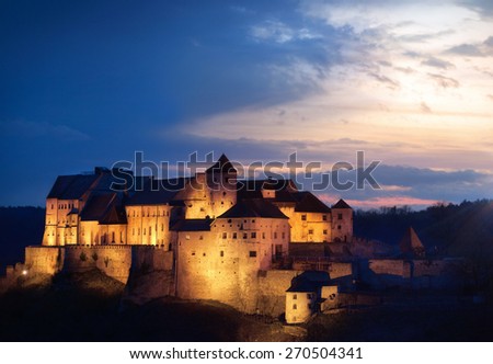 Burghausen,Germany -April 1,2015:The Castle from Burghausen is the biggest in the world.The First parts of the castle where build in 1025 .The Castle is more then 1 km . Picture shows sunset on April.