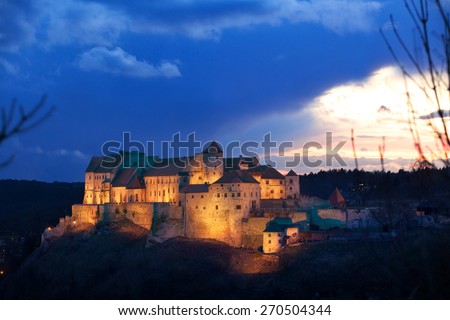 Burghausen, Germany -April 1,2015: The Castle from Burghausen is the biggest in the world.The First parts of the castle where build in 1025 . The Castle is 1 km long .Picture shows a beautyful sunset
