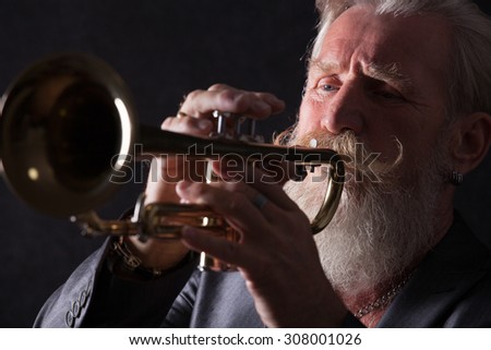 PIcture of a white haired trumpet player with a long white beard.Front picture with side light.