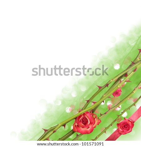 Corner of floating rose lines with rose buds and a red present ribbon over a bokeh background, fading into white
