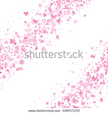 Repeatable breeze lines of studio photographed rose petals and buds in a back light, butterflies, bokeh particles in pink, isolated on white