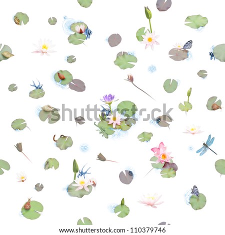 Repeatable, aquatic, flora and fauna scene of sea roses, fishes, sea shells, butterflies, a dragonfly, a worm, sea insects and water ripples, isolated on white