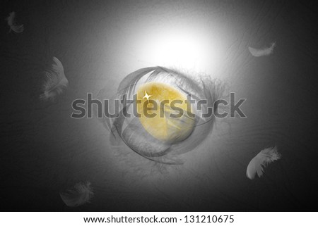 Yellow, hatching egg in a circle of feathers, with a spotlight behind it, that also seems to be in the small split of the egg, on a rugged stone texture.