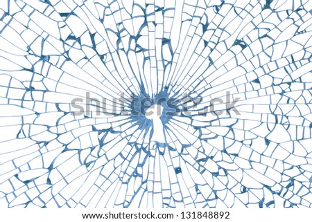 Safety concept with a key hole in a broken, blue glass texture. All glass fragments are isolated on white, clipping path included.