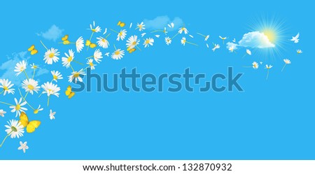 A swirl of flying daisy flowers and butterflies with a white bird at the top, over a absolute blue sky with clouds and a sun coming out behind a bright cloud. Each element is different, no copies.