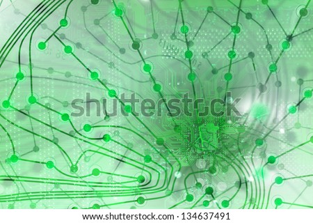 Layered green technology background of a green chip with leaf veins in it, surrounded by transparent electronic plates, and leaf veins in the circles, the backside of a motherboard, with back light.