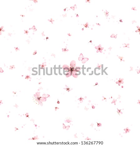 Seamless Pattern Of 52 Differently Angled Cherry Blossoms In Many Bud Stages And 8 Butterflies, Studio Photographed, Isolated On White, With Some Bokeh Similar Particle Circles And Toned Butterflies.