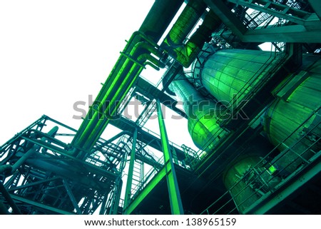 green industry construction, illuminated with real green lights at place, with pipelines, isolated on white
