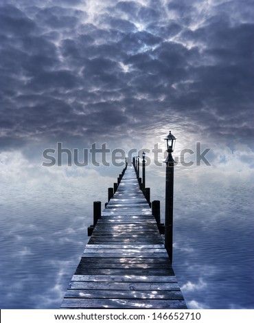 Surreal Sea Stage, Without A Horizon, With Water Light Reflections From The Sky On The Pier, In A Similar Structure Like The Cloudscape, With A Blue Light, Shining Through