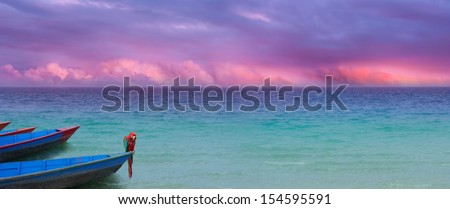 exotic ocean panorama with a colorful, purple cloudscape and boats with a parrot in similar, harmonic colors