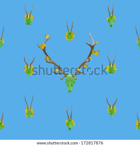 seamless spring background with green lacquered skulls from various animals, with flowers around, isolated on blue