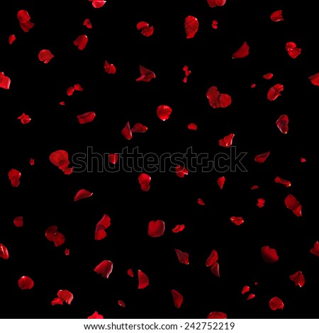 repeatable, floating red rose petals, studio photographed and isolated on black