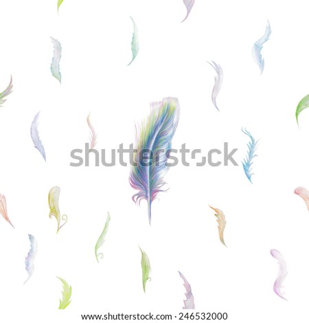 repeatable colorful feathers pattern, color pencil drawing, isolated on white