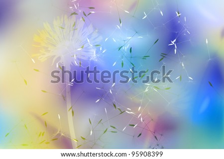 A white silhouette of a dandelion over a positive background of smooth color changes and flying seeds