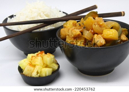 Sweet and sour chicken  with rice and pineapple dish meal tasty chop stick asian food chicken delicious savory
