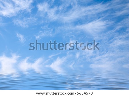 blue sky with fleecy clouds and reflection in smooth water surface