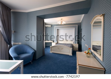 Blue Bedroom Interior With Armchair And Mirror Stock Ph