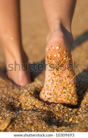 women\'s barefoot legs on the sand beach