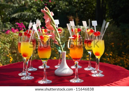 outdoor cocktail party with glasses served on table with red table-cloth