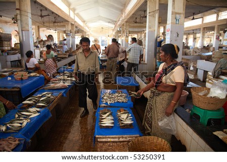 GOA, INDIA - DECEMBER 17: Woman selling a fish on fish market in Goa, India on December 17, 2009. Seafood is one of the main part of indian peoples ration.