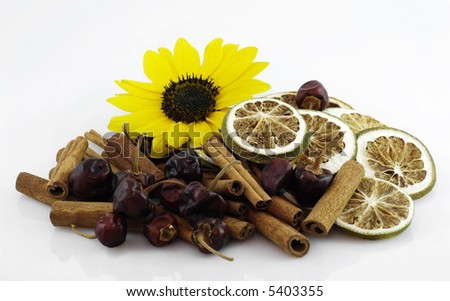 autumn composition with different dried fruit and vegetable: lemon, orange, cayenne and cinnamon with sunflower