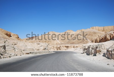 Road through the desert and sandy hills - valley of the kings in Luxor (ancient Thebes), Egypt