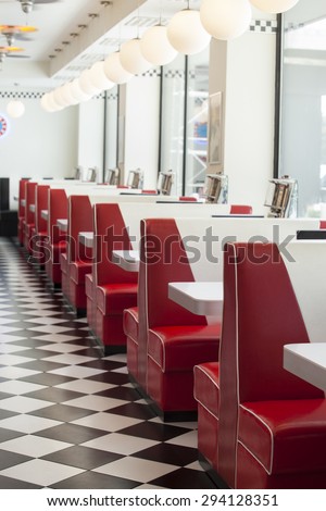 seating booth details in american diner restaurant, shallow DOPF