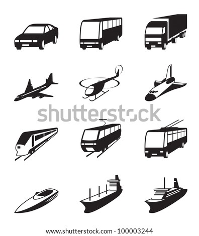 Road sea and space transportation icons set vector illustration Road sea and space transportation icons set vector illustration