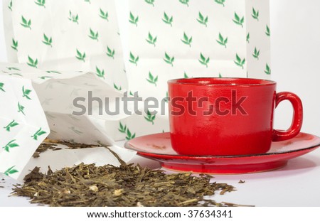 Leaves of green tea from packages of retail trade