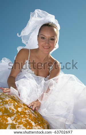 Bride in a wedding dress on a background of the blue sky.