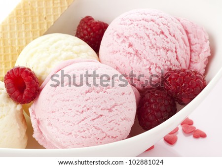 Scoops of Vanilla and Raspberry Ice Cream with fresh fruit