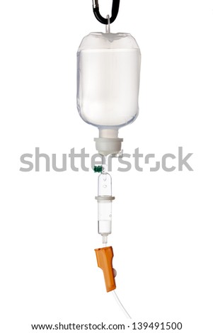 liquid dropping from infusion set isolated on white