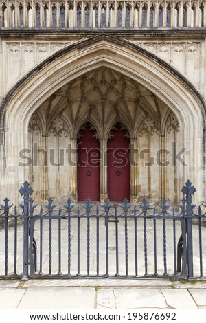 Main entrance and fence of Winchester Cathedral, Hampshire, England