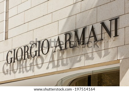 Dusseldorf, Germany - August 20,2011: Giorgio Armani signage above store entrance on Koenigsallee. Giorgio Armani S.P.A.  is an international Italian fashion house headquartered in Milan, Italy.