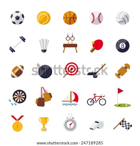 Sports icons flat design isolated vector set. Collection of 25 flat design sports and gymnastics vector icons isolated on white background