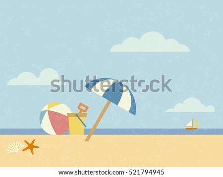 Vintage styled beach scene vector illustration with sunshade, beach ball, sand bucket, starfish