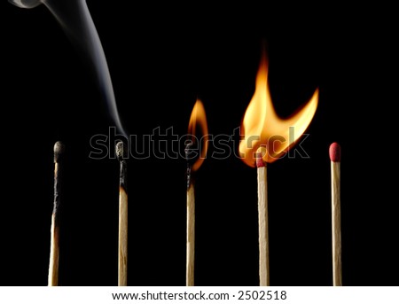 five matches, first one extinguished, second one smoking, third one burning, fourth one igniting, fifth one untouched