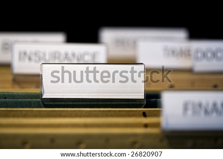 view inside filing cabinet with brown file folders, green folder with blank label in focus. fill in your own text.