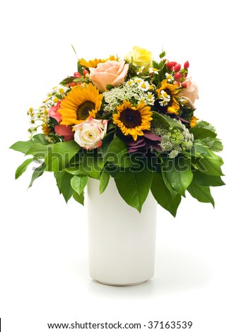 beautiful summer bouquet with roses, sunflowers, marguerite daisies and other flowers in a vase, isolated on white