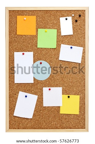 pin board, vertical, with various blank notes, isolated on white