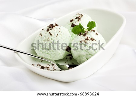 three balls of mint ice cream with chocolate flakes in a bowl