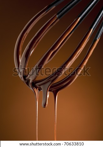 closeup of melting chocolate dripping from whisk
